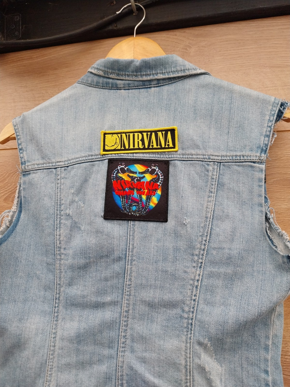 Reworked Frayed denim Waistcoat With NIRVANA Patches  On Back Size 8 Festival