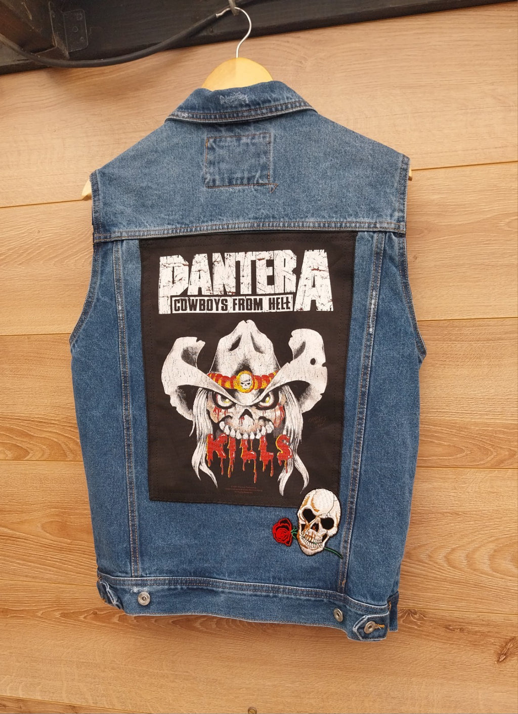 Reworked Frayed denim Waistcoat With Pantera  On Back Size MED  Festival