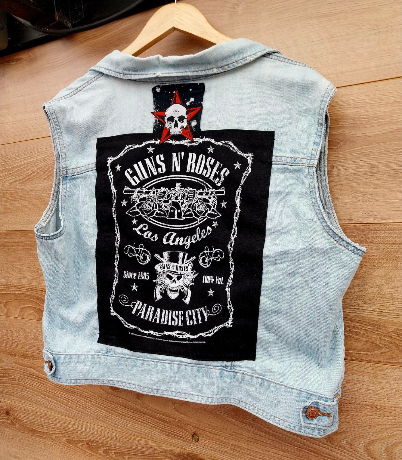 Reworked denim Waistcoat with Guns n Roses theme Size 20 Festival