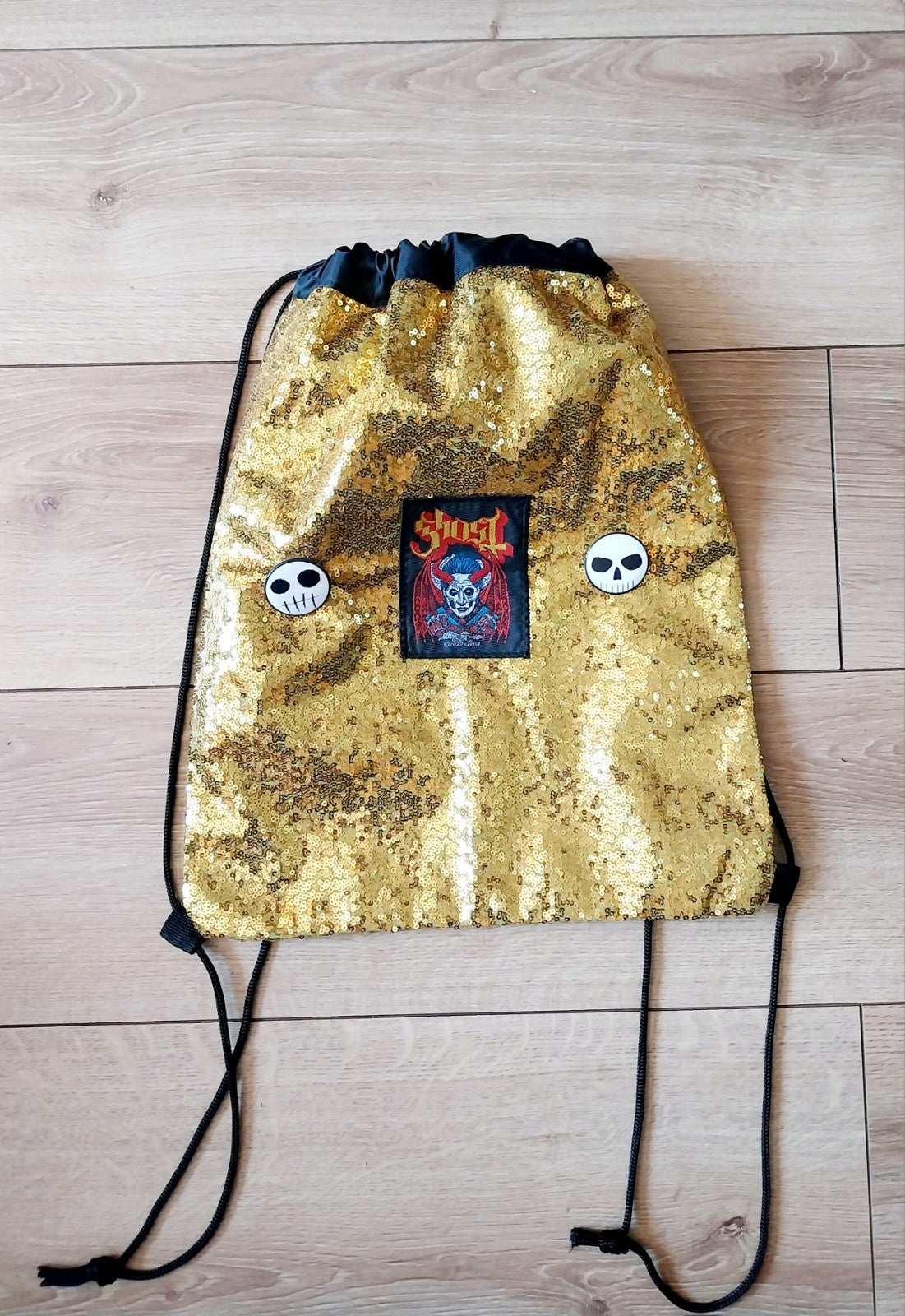 Gold Sequin Festival Back Pack With Ghost Patch Skull Badges
