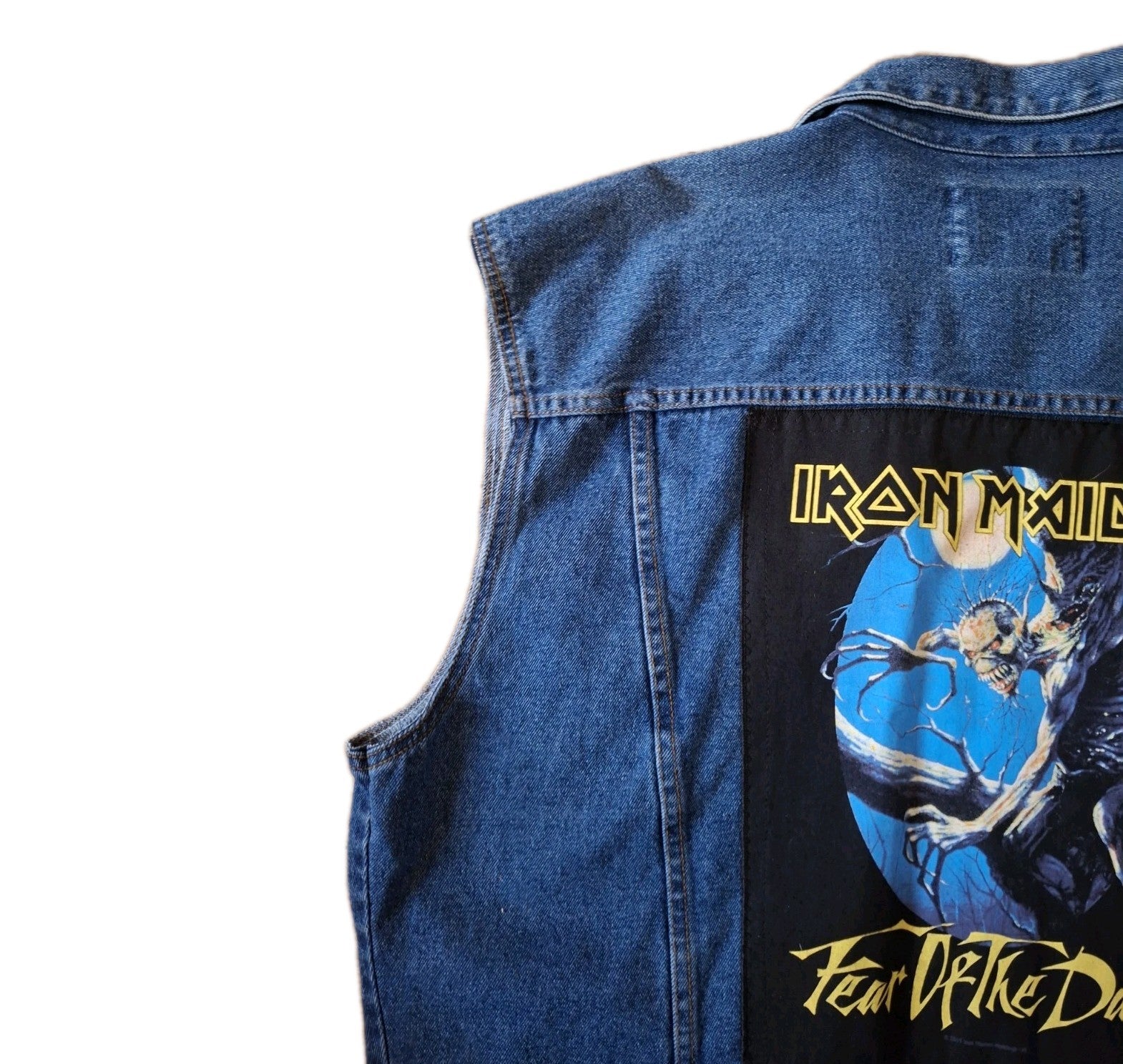 Reworked vintage denim battle jacket with Iron Maiden on back Size Large