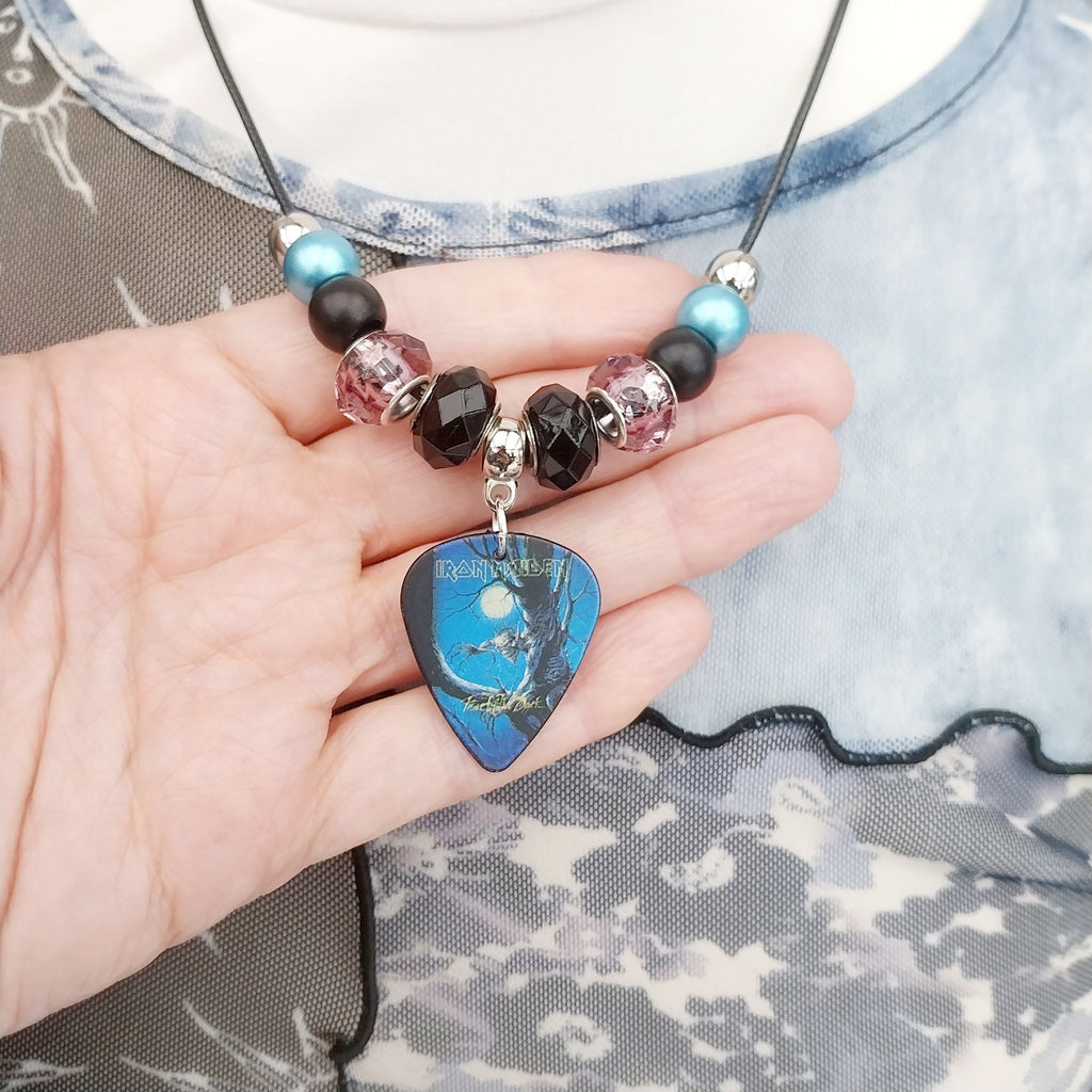 Handmade Iron Maiden guitar plectrum necklace Festival Metalhead