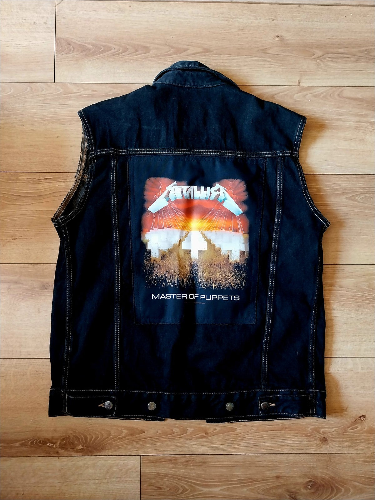 Reworked vintage denim waistcoat with Metallica on back Size LARGE