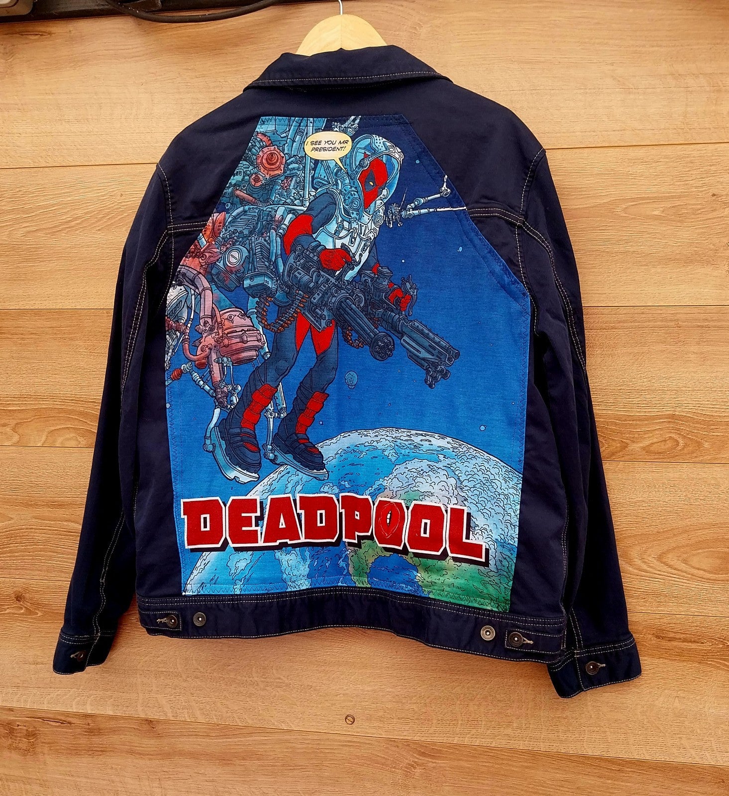 Reworked vintage denim jacket with Deadpool on back Size XL