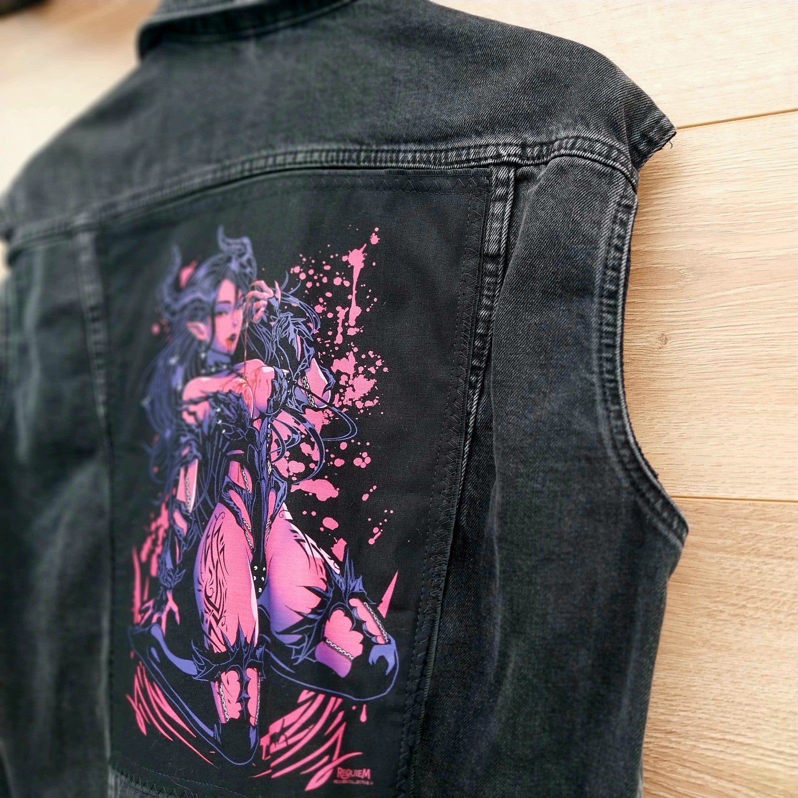 Reworked black denim jacket with Gothic Demon  Pixie on back Size 10 Oversized