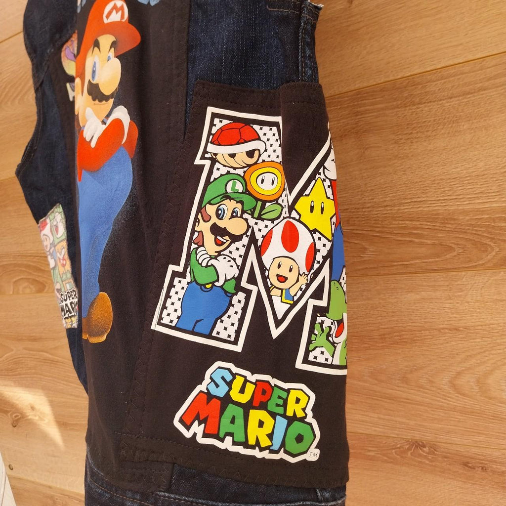 Blue denim reworked Super Mario battle jacket Size Med