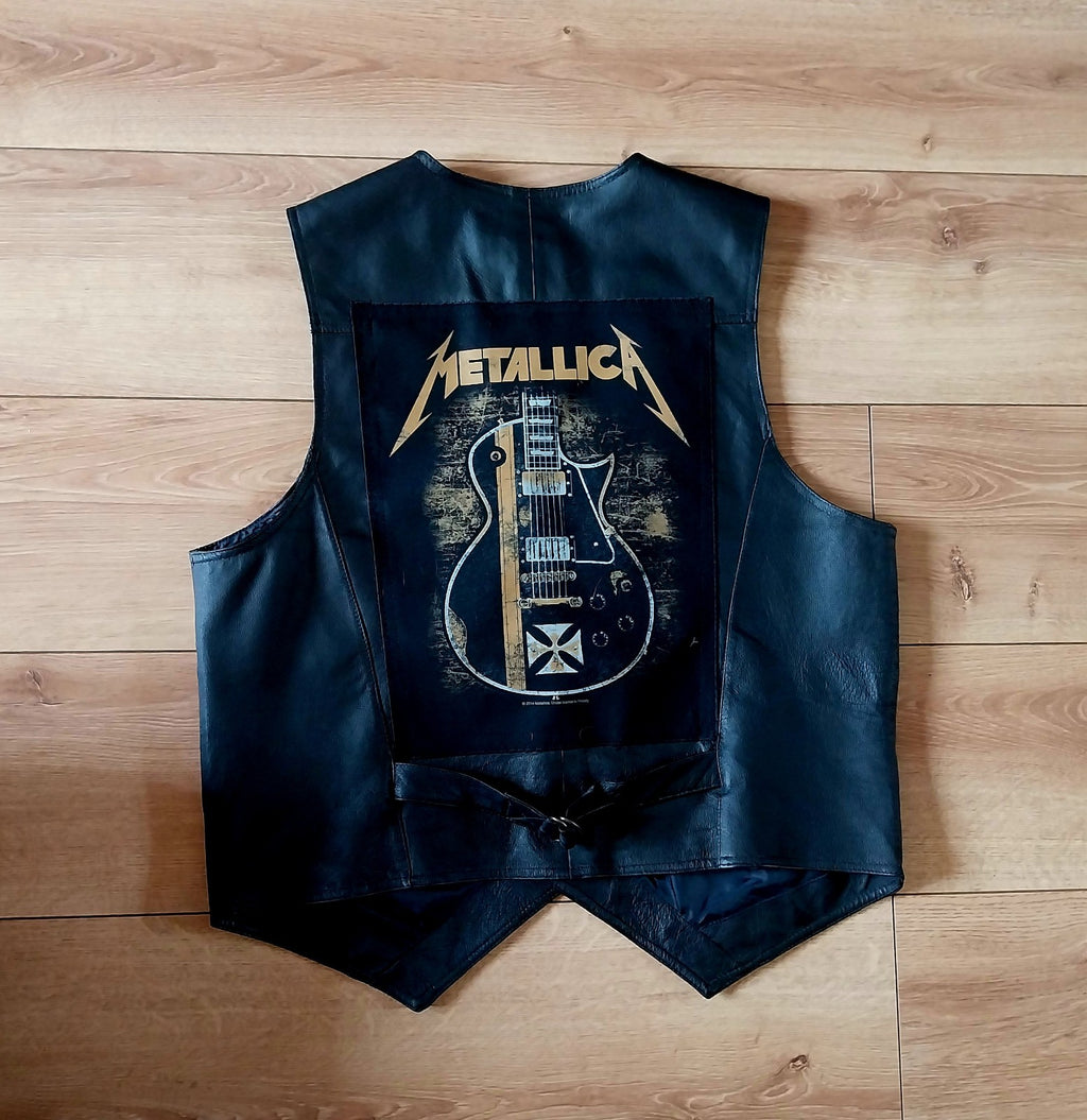 Vintage black leather waistcoat Metallica on Back biker Size Large FESTIVAL