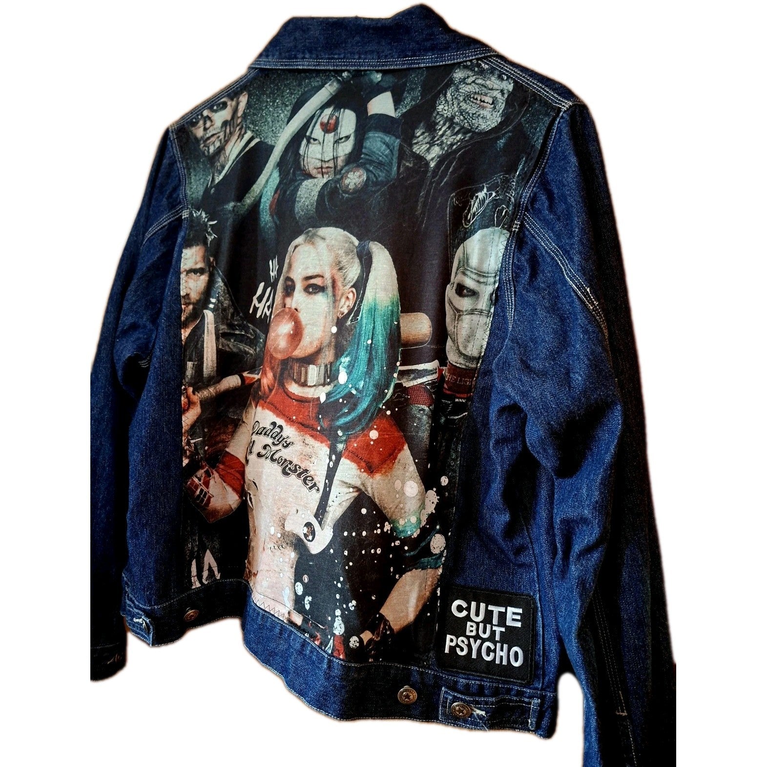 Reworked denim jacket with Harley Quinn on back Size 18 Festival