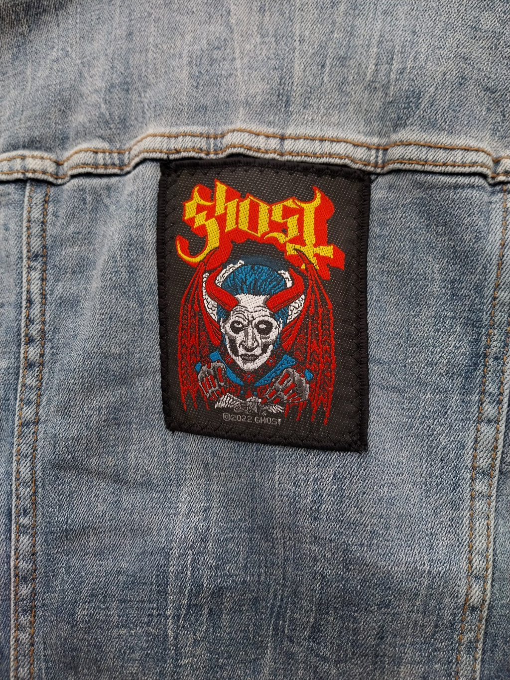 Reworked denim Waistcoat With Ghost Patch On Back Size 8 Festival