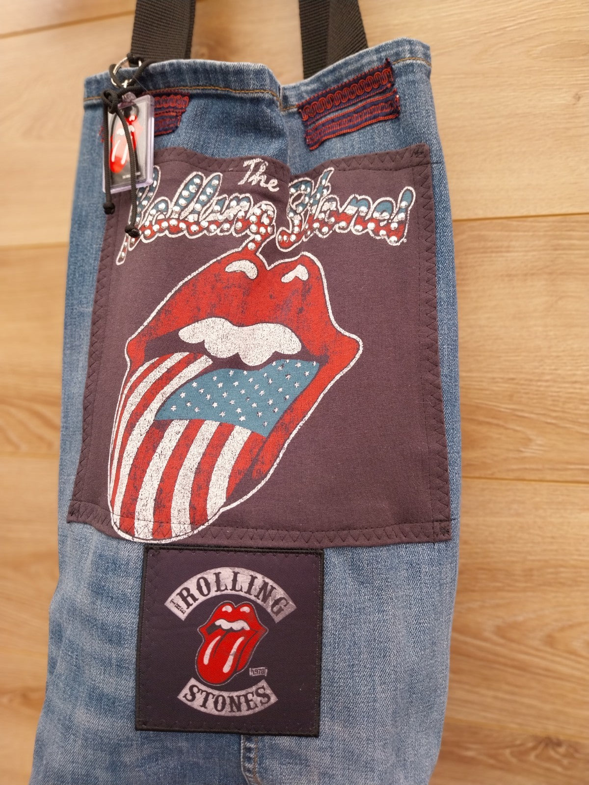 Handmade Festival Denim Tote Bag With Rolling Stones Theme