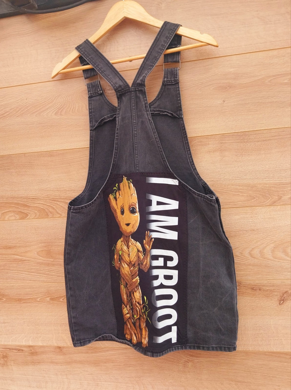 Reworked I am Groot  black denim dungaree dress Sizze 12