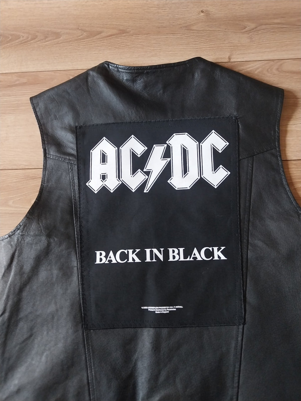 Vintage black leather waistcoat ACDC   on Back biker Size Large FESTIVAL