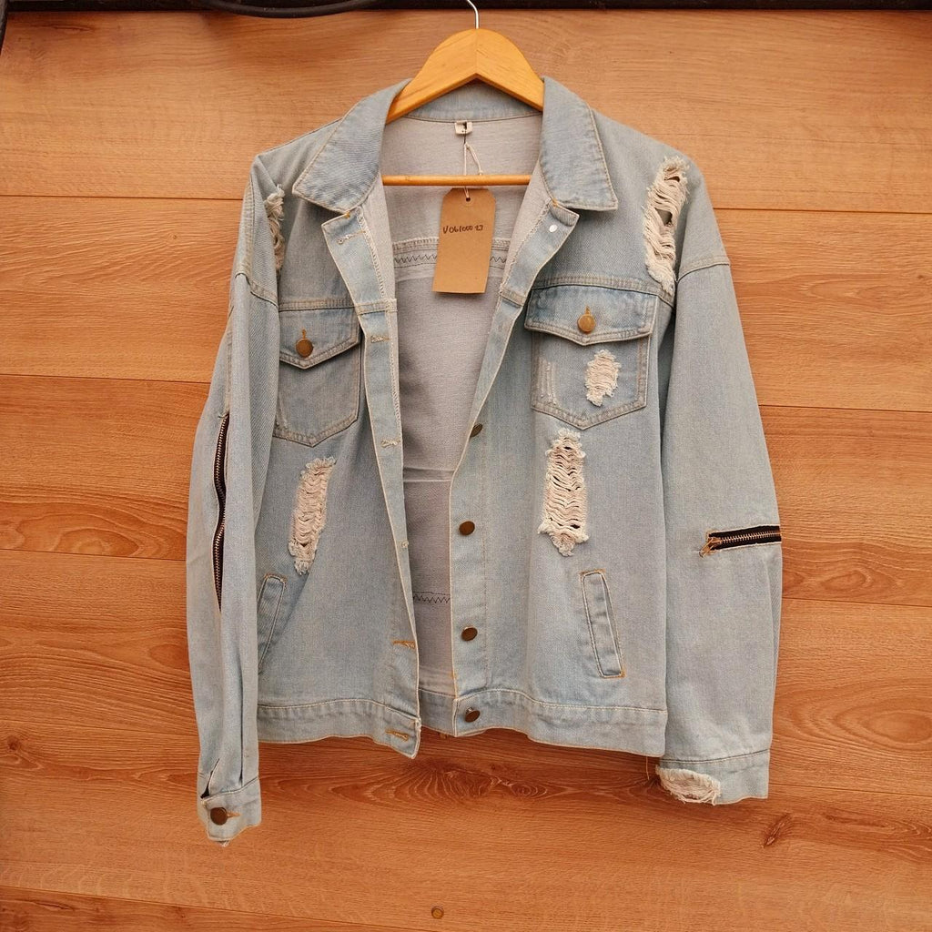 Reworked denim frayed jacket with Zips Motley Crue on back Size Large