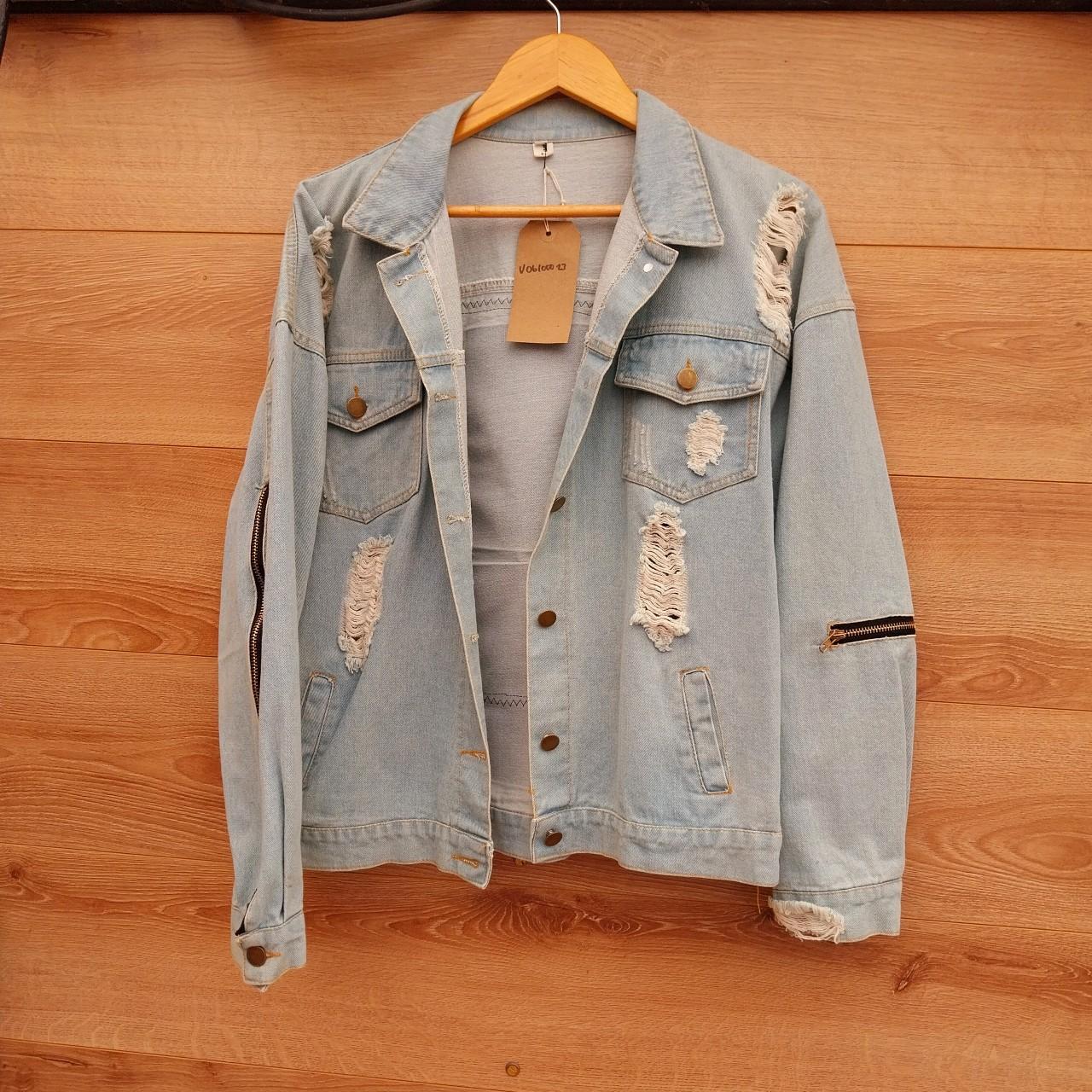 Reworked denim frayed jacket with Zips Motley Crue on back Size Large