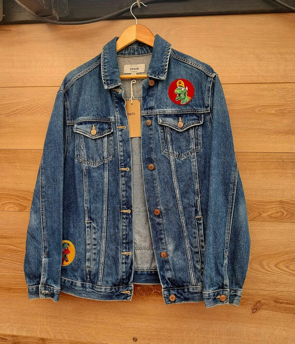 Reworked  Blue Denim Jacket Dinosaur Theme  Size 12
