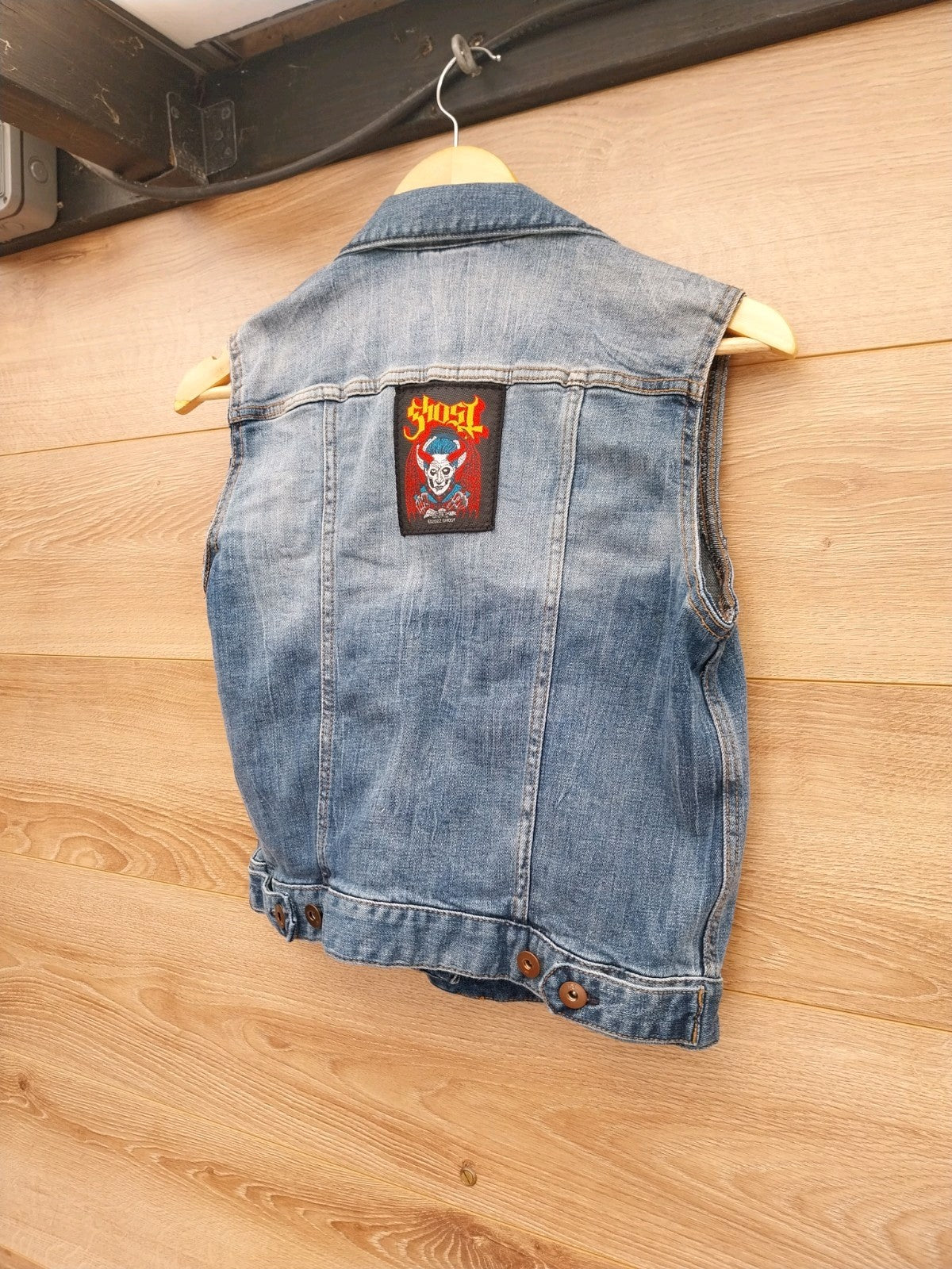 Reworked denim Waistcoat With Ghost Patch On Back Size 8 Festival