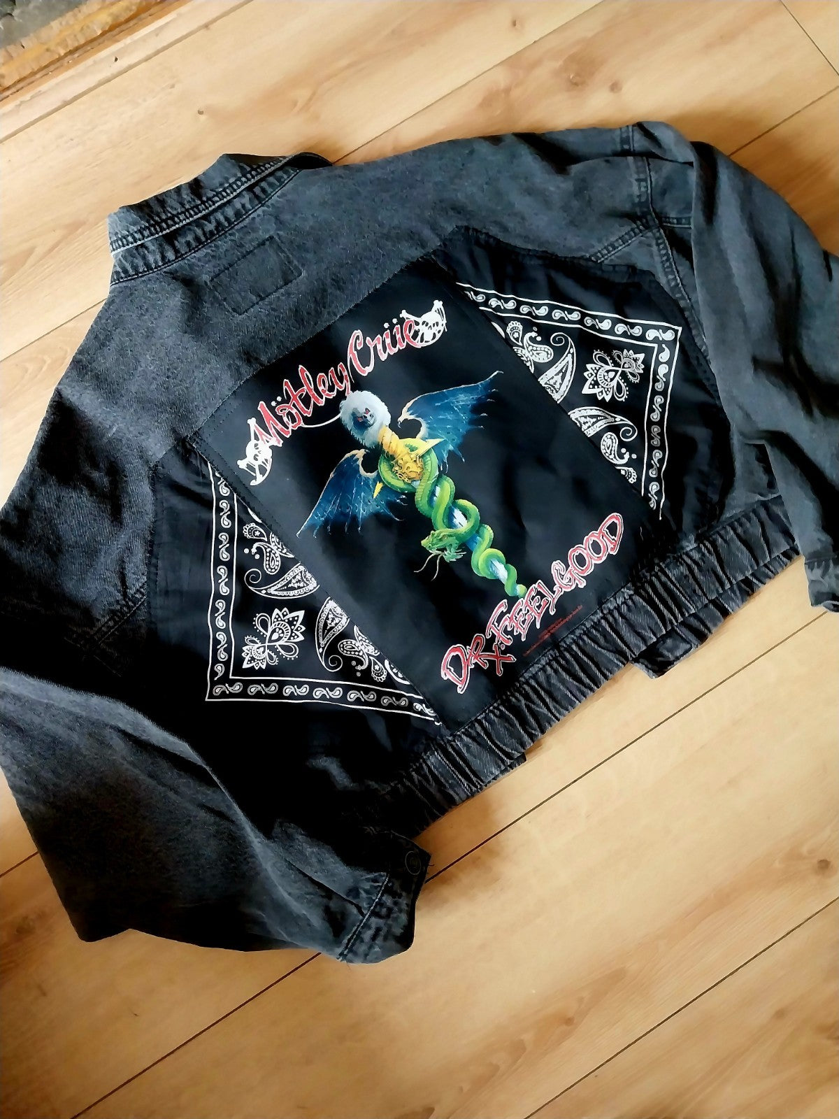 Motley Crue Reworked Black denim Short 80s Jacket  Size XL