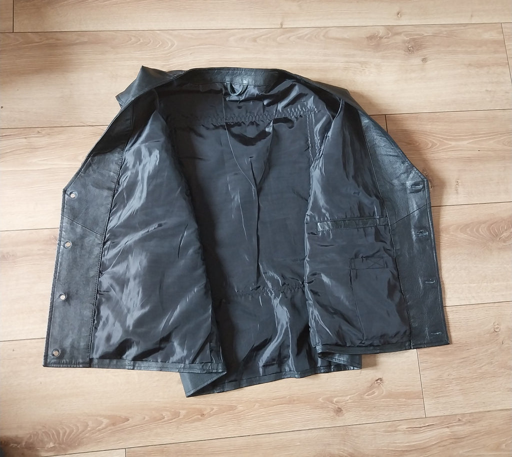 Vintage black leather waistcoat ACDC   on Back biker Size Large FESTIVAL