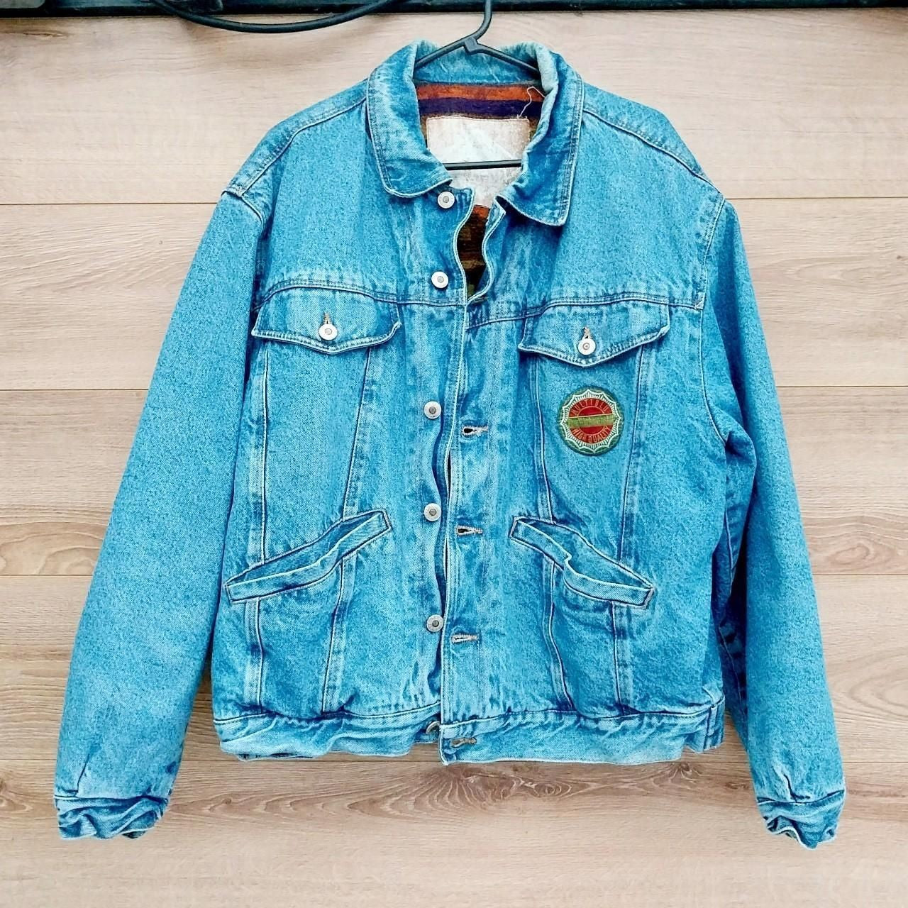 Reworked vintage denim jacket with festival Raver on Back fleece lined Size XXL
