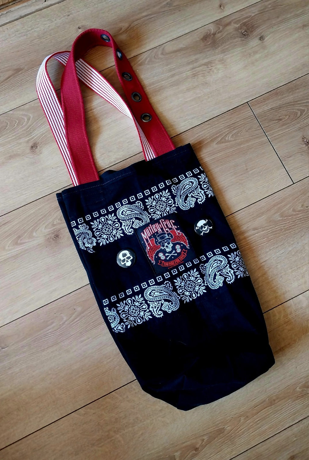 Handmade Festival Black  Denim Tote Bag With Motley Crue Theme