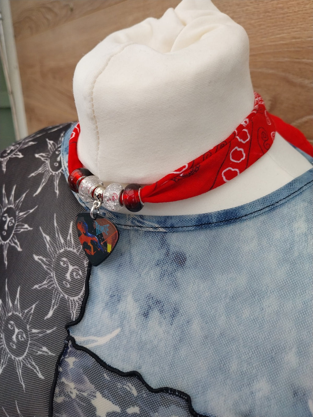 Handmade Bowie Plectrum Bandana  Choker Necklace Red