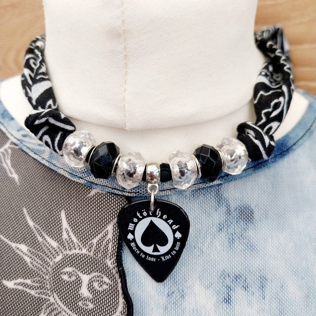 Handmade Motorhead Plectrum Bandana  Choker Necklace Black White