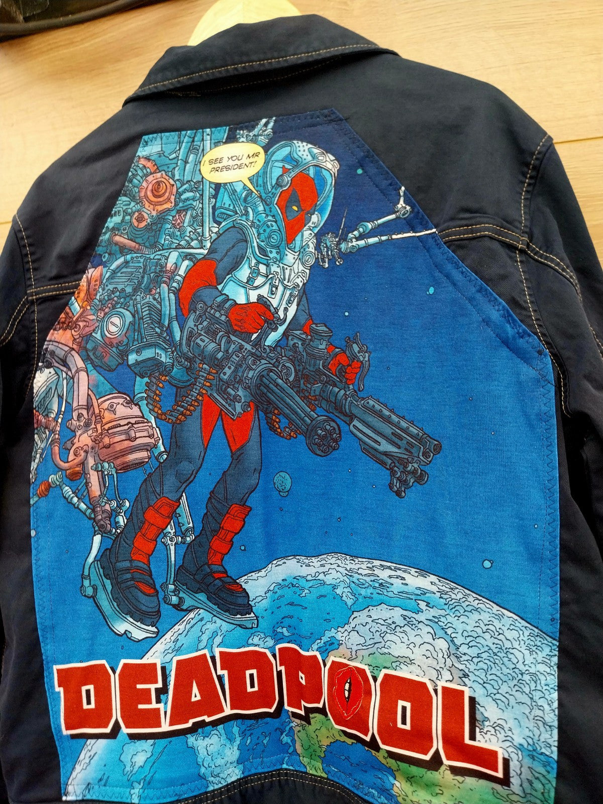 Reworked vintage denim jacket with Deadpool on back Size XL