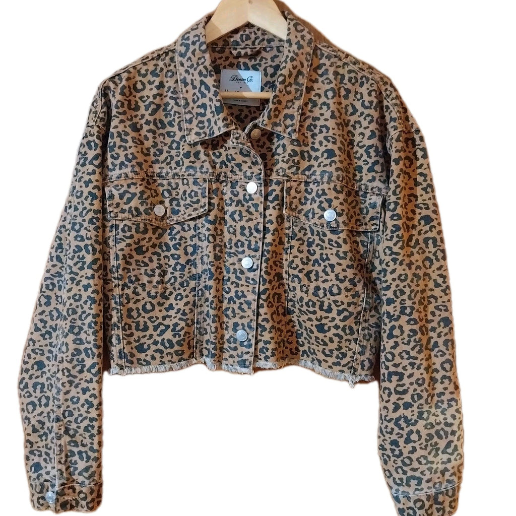 ACDC Denim  jacket Tan Black Leopard Print  Size 14 Festival Metalhead Reworked