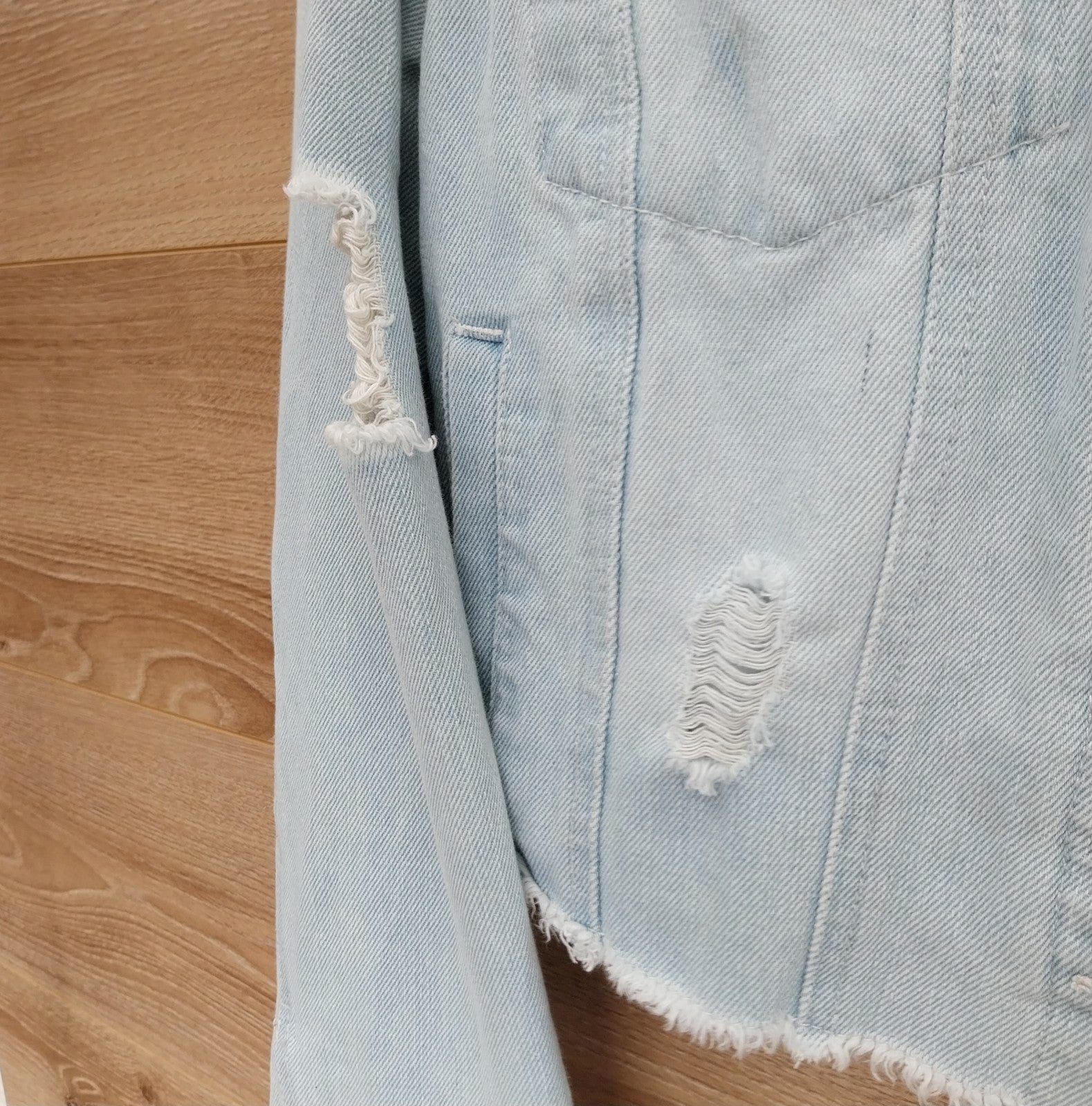 Queen Reworked Light Blue Frayed denim Short  Jacket  Size Large