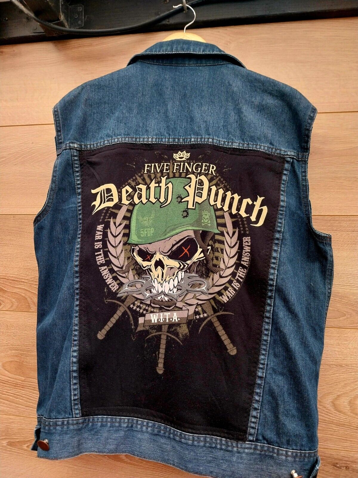 Reworked blue denim Waistcoat with Five Finger Death Punch  on back Size Large