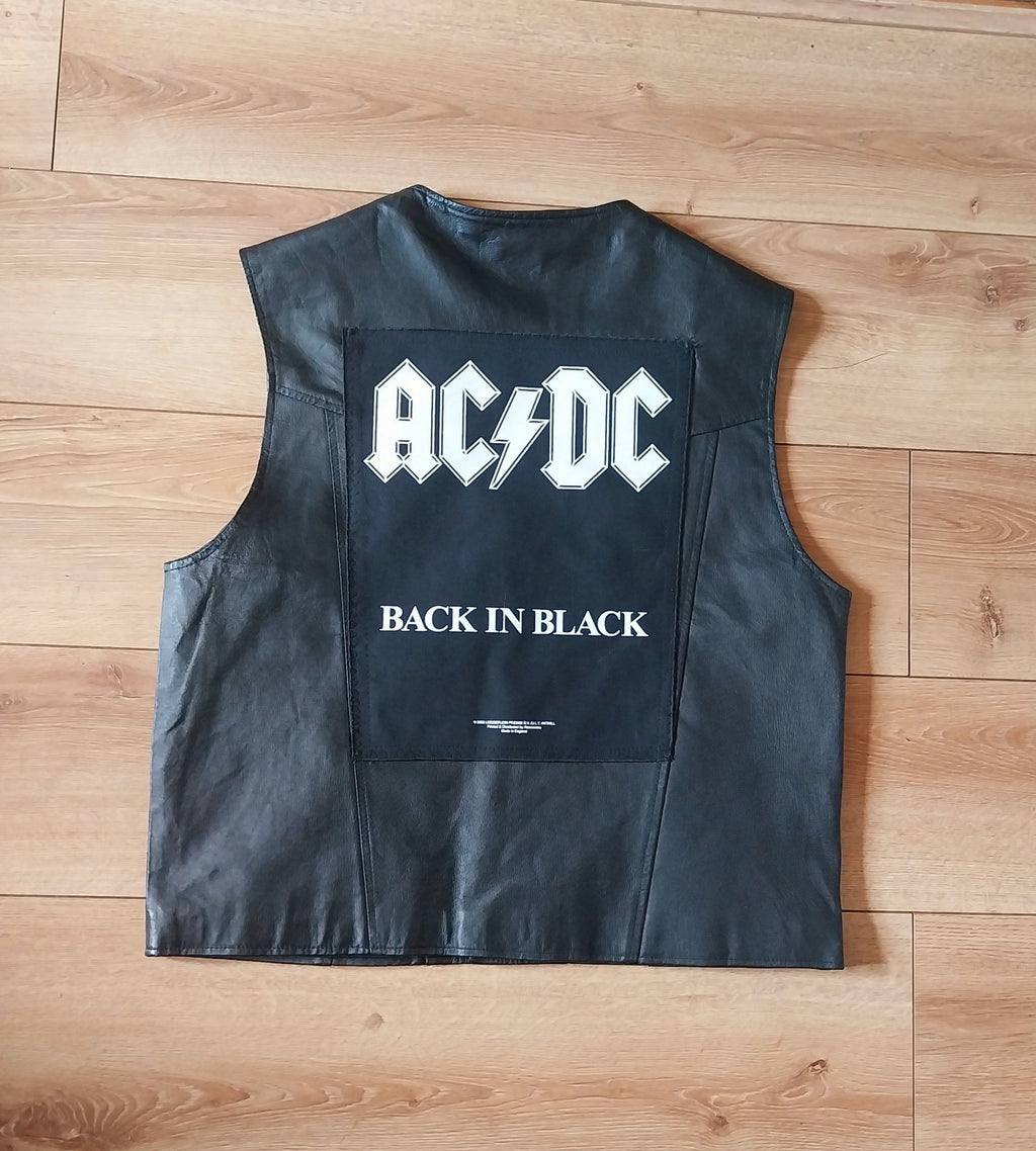 Vintage black leather waistcoat ACDC   on Back biker Size Large FESTIVAL