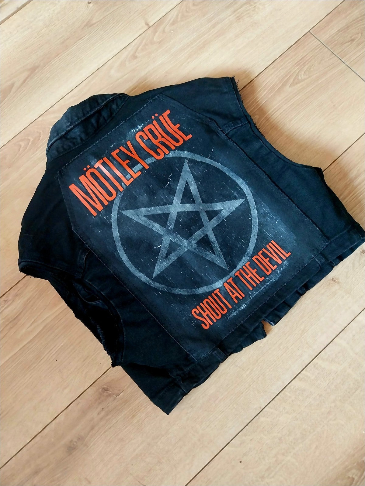 Reworked Black denim Short Waistcoat  with Motley Crue  on back Size Small