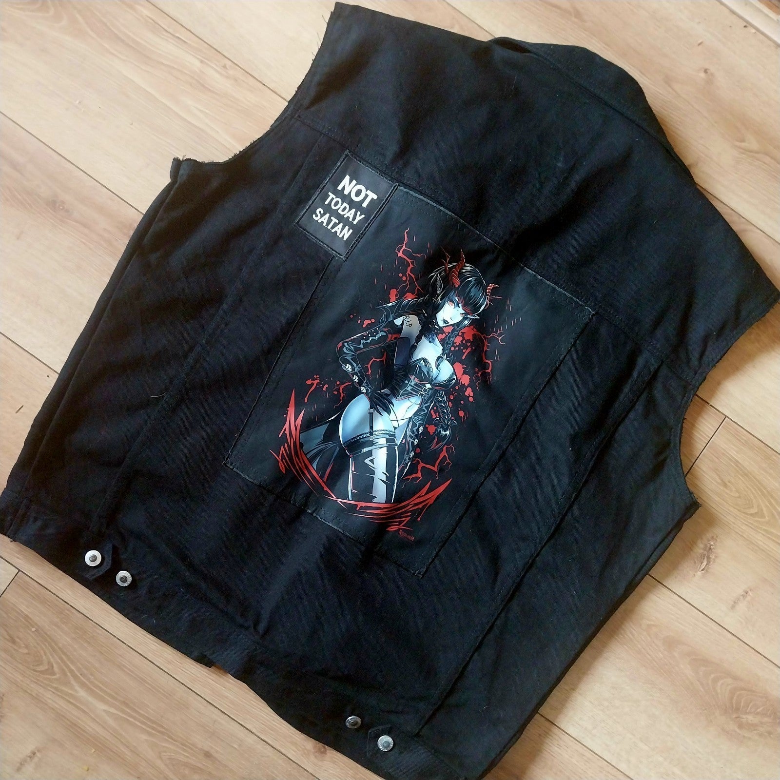 Reworked black denim jacket with Gothic Demon  Pixie on back Size XL