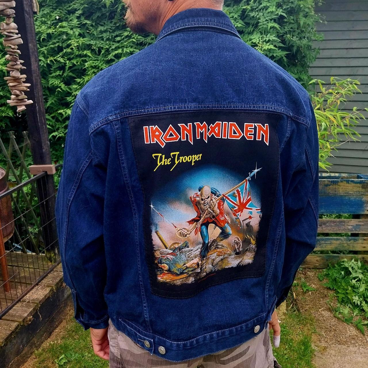 Reworked vintage denim jacket with Iron Maiden Trooper on back Size Large