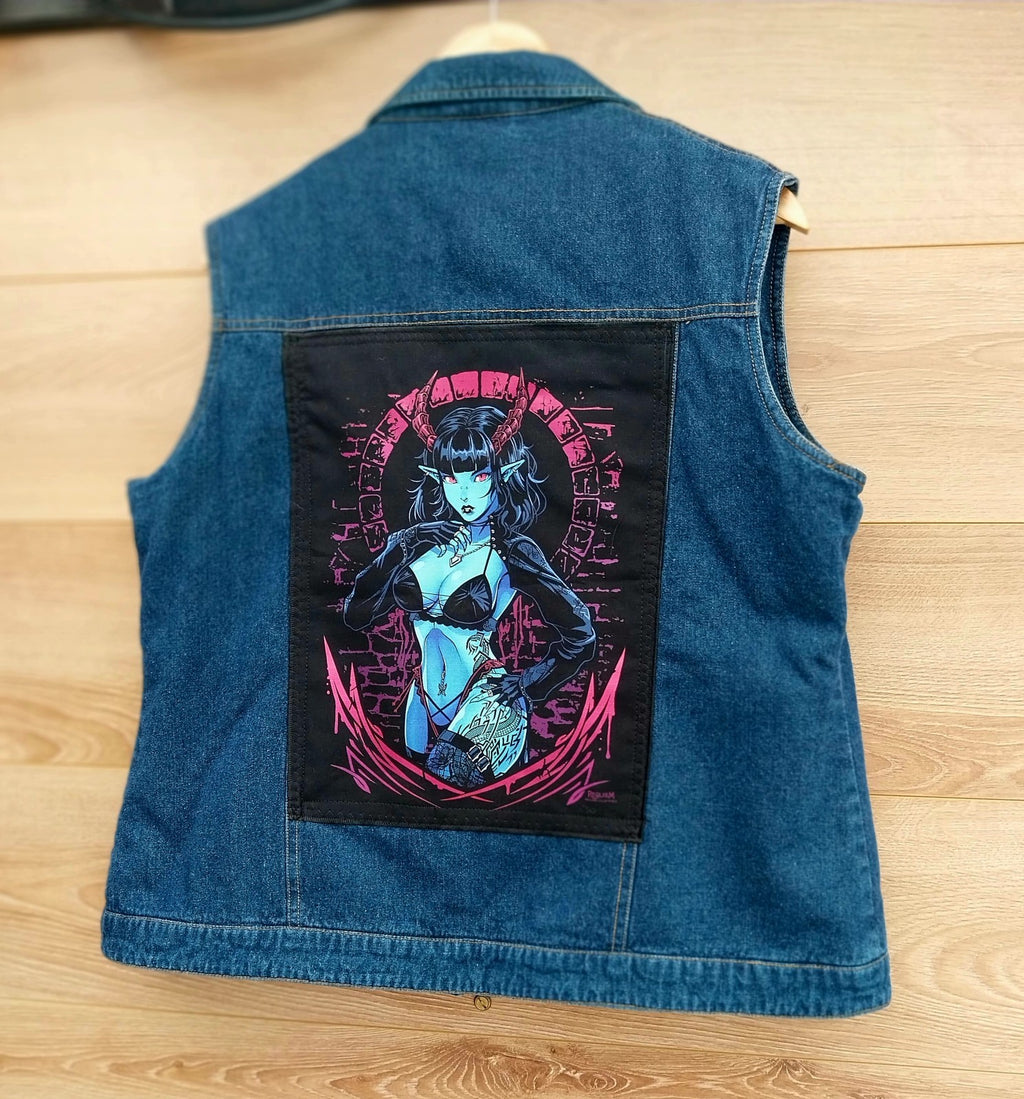 Reworked blue quilted denim jacket with Gothic Demon Pixie on back Size Medium