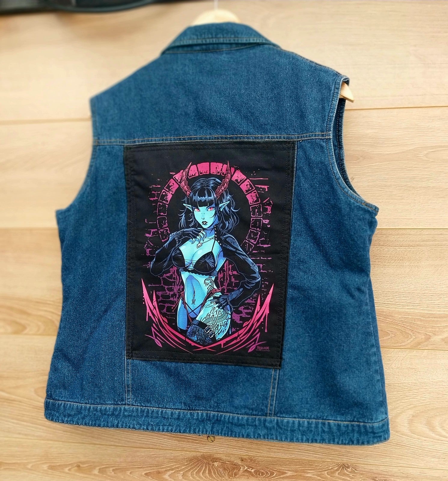 Reworked blue quilted denim jacket with Gothic Demon Pixie on back Size Medium