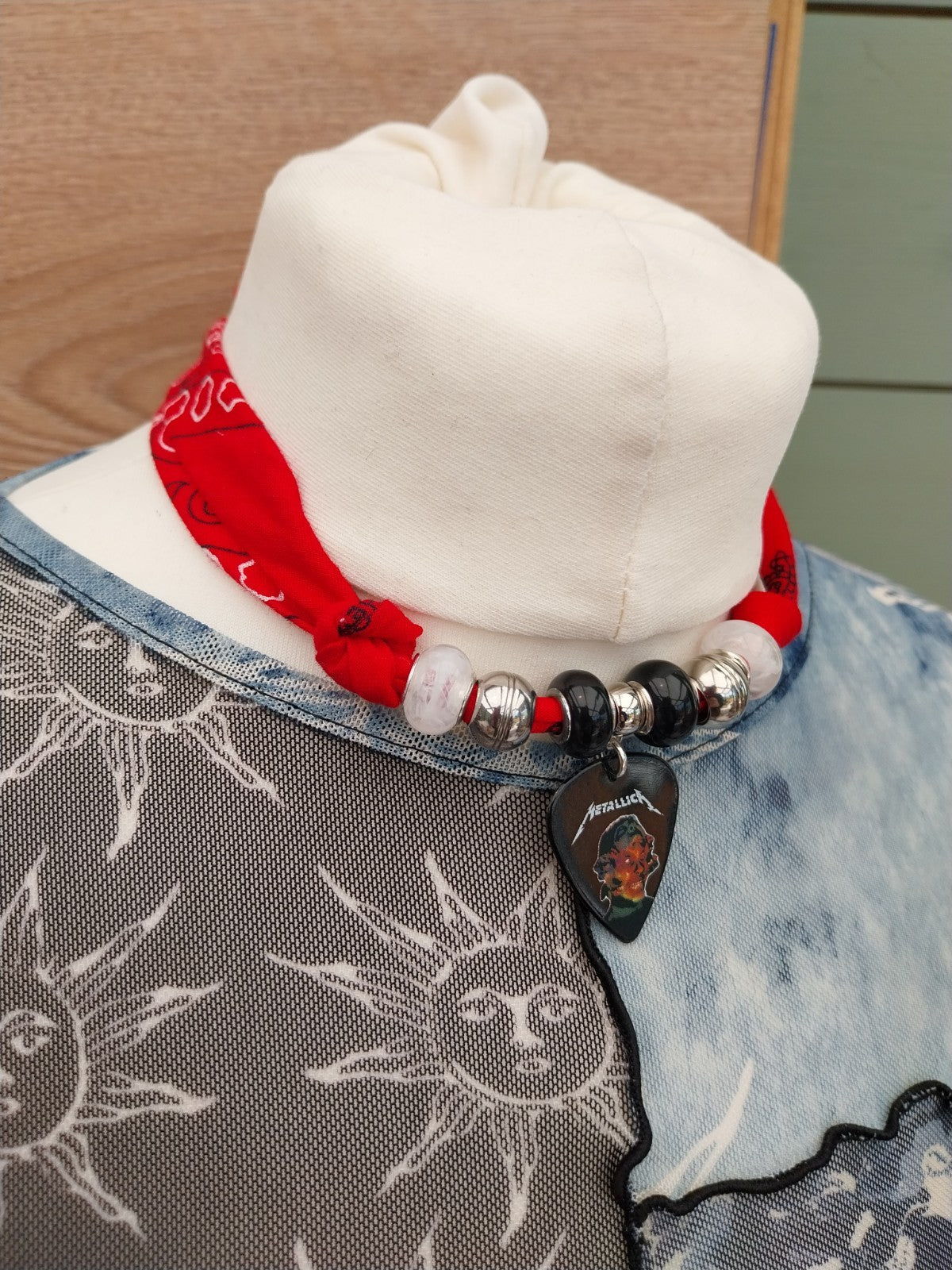 Handmade Metallica Plectrum Bandana  Choker Necklace Red