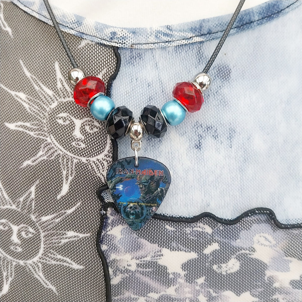 Handmade Iron Maiden guitar plectrum necklace Festival Metalhead