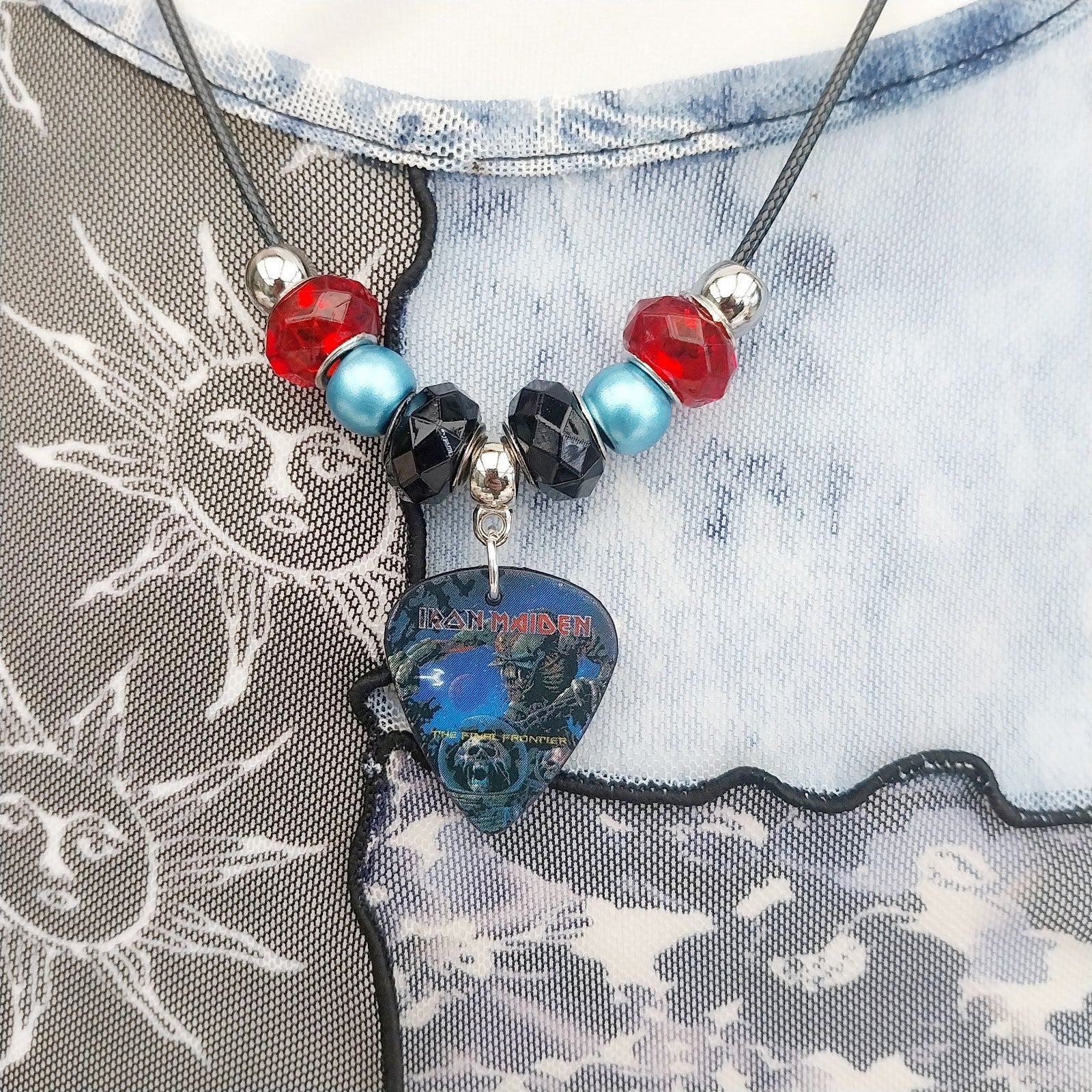 Handmade Iron Maiden guitar plectrum necklace Festival Metalhead