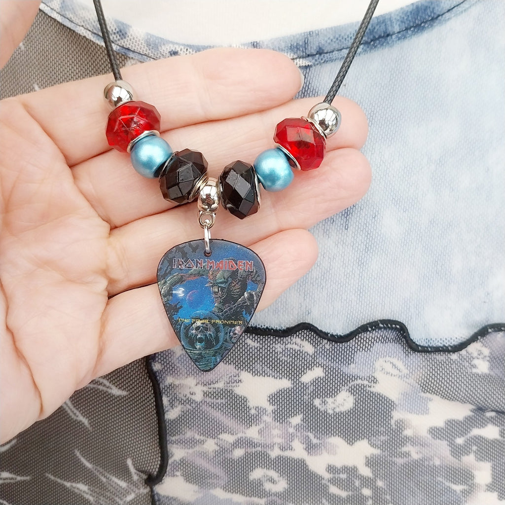 Handmade Iron Maiden guitar plectrum necklace Festival Metalhead