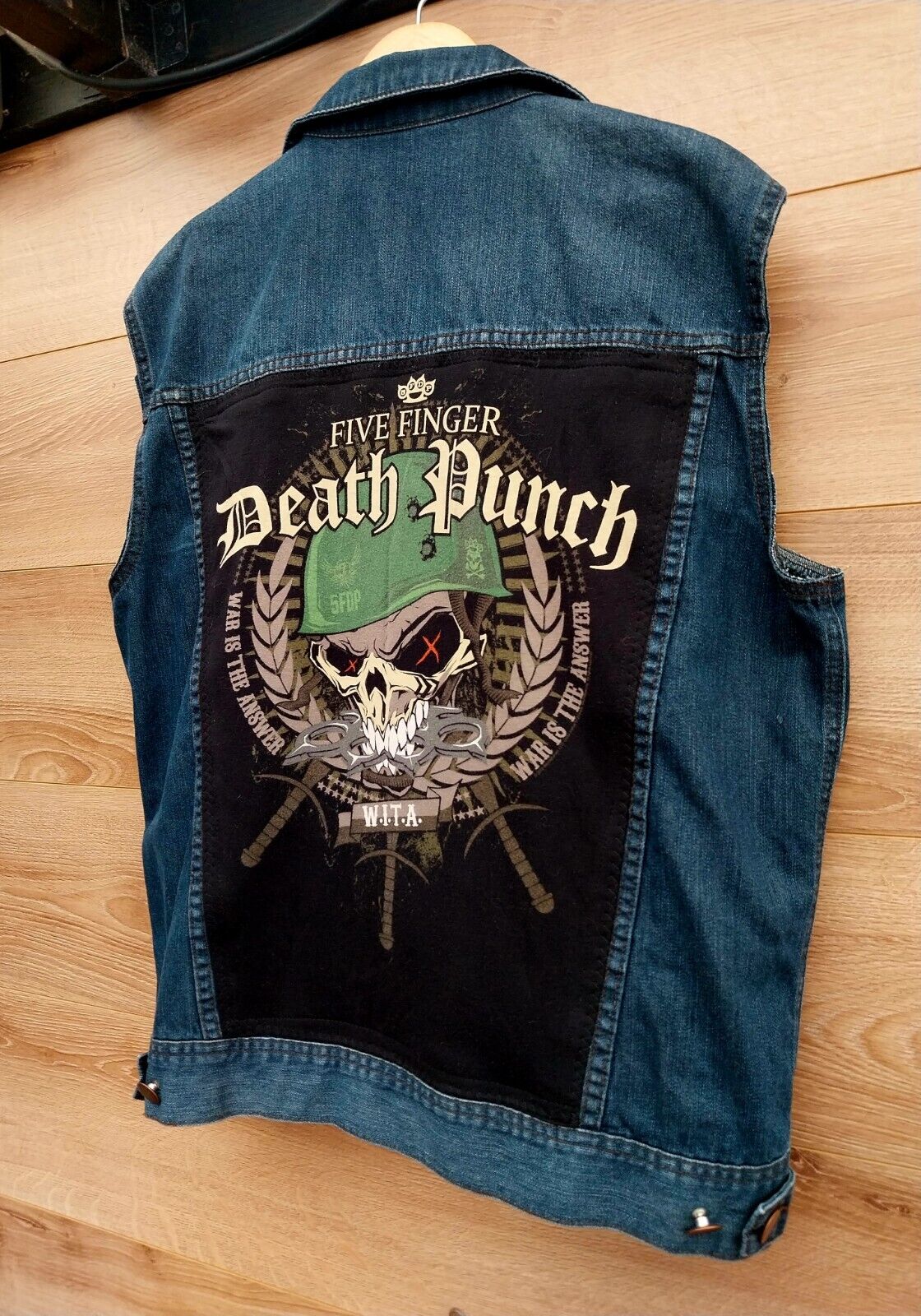 Reworked blue denim Waistcoat with Five Finger Death Punch  on back Size Large