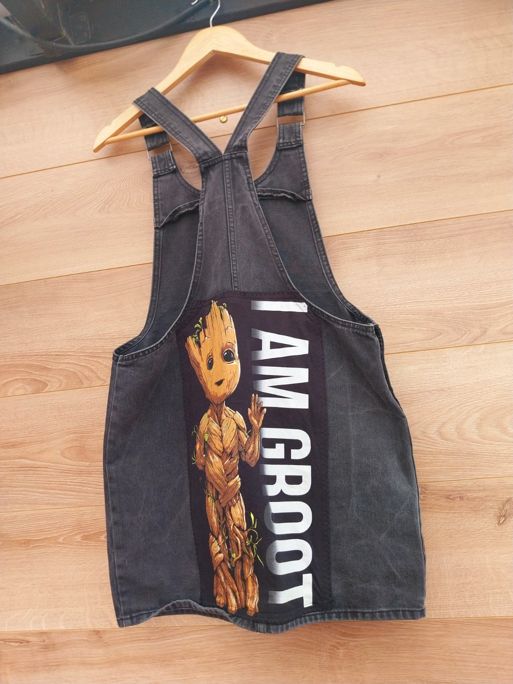Reworked I am Groot  black denim dungaree dress Sizze 12