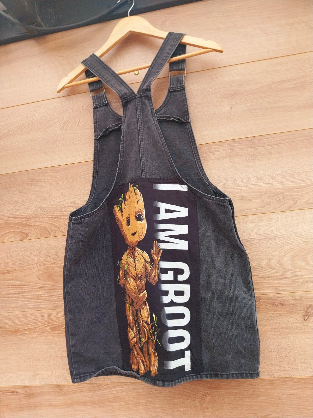 Reworked I am Groot  black denim dungaree dress Sizze 12