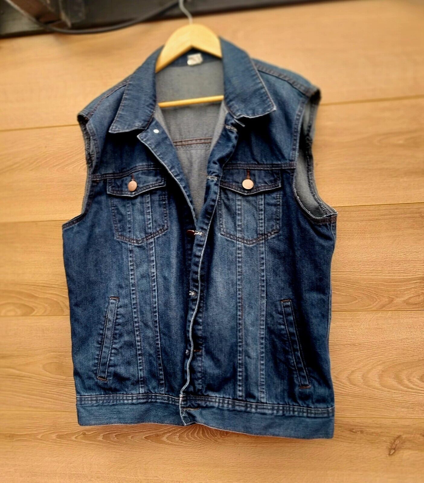 Reworked blue denim Waistcoat with Five Finger Death Punch  on back Size Large