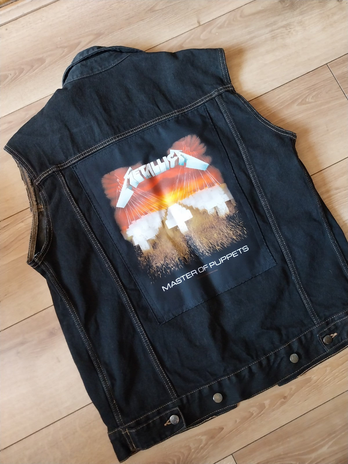 Reworked vintage denim waistcoat with Metallica on back Size LARGE