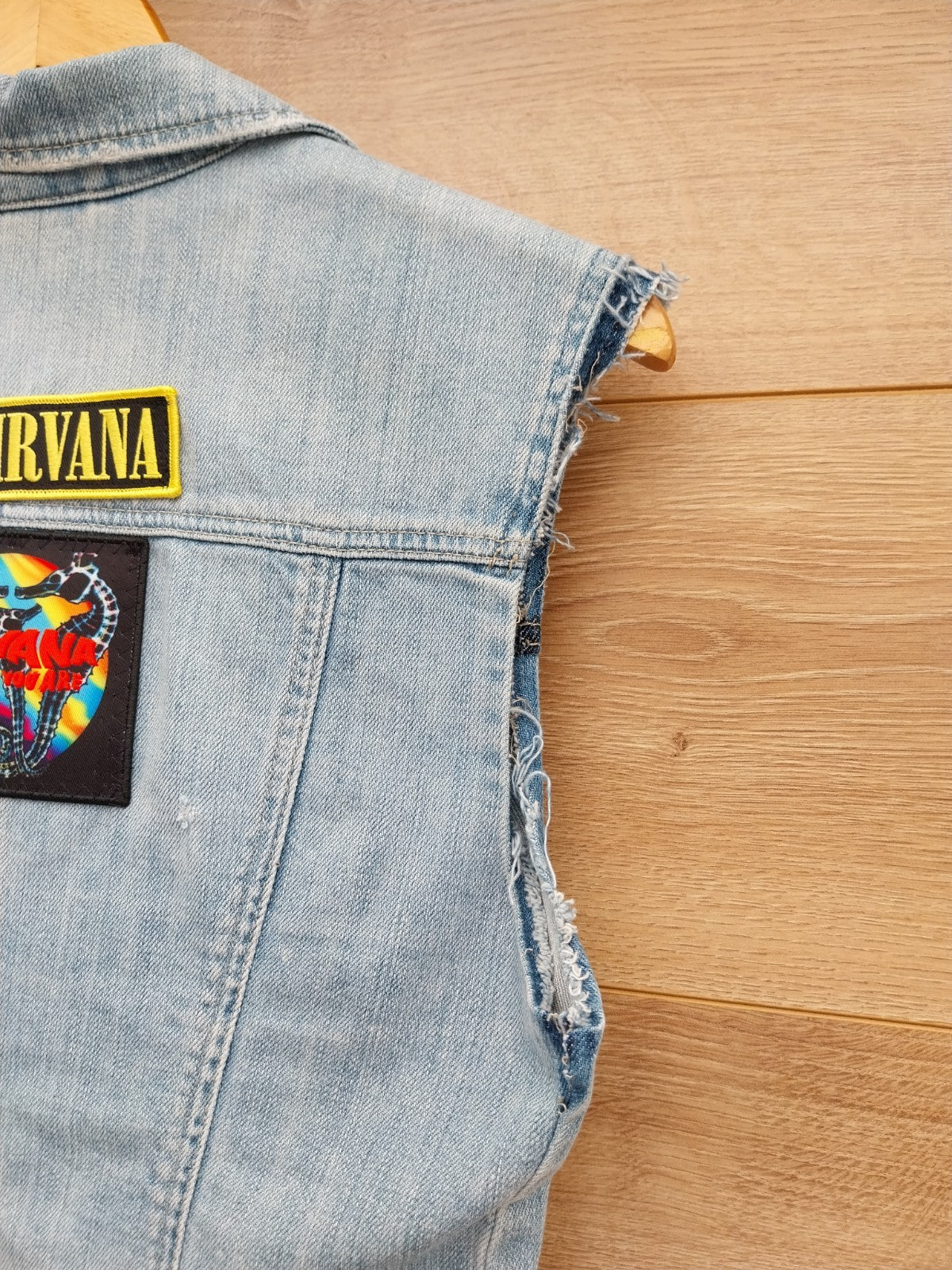 Reworked Frayed denim Waistcoat With NIRVANA Patches  On Back Size 8 Festival