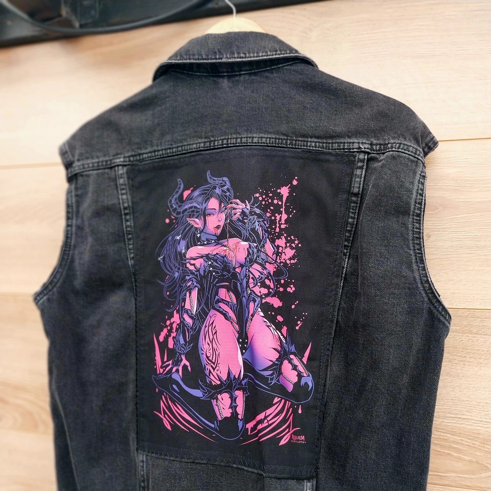 Reworked black denim jacket with Gothic Demon  Pixie on back Size 10 Oversized