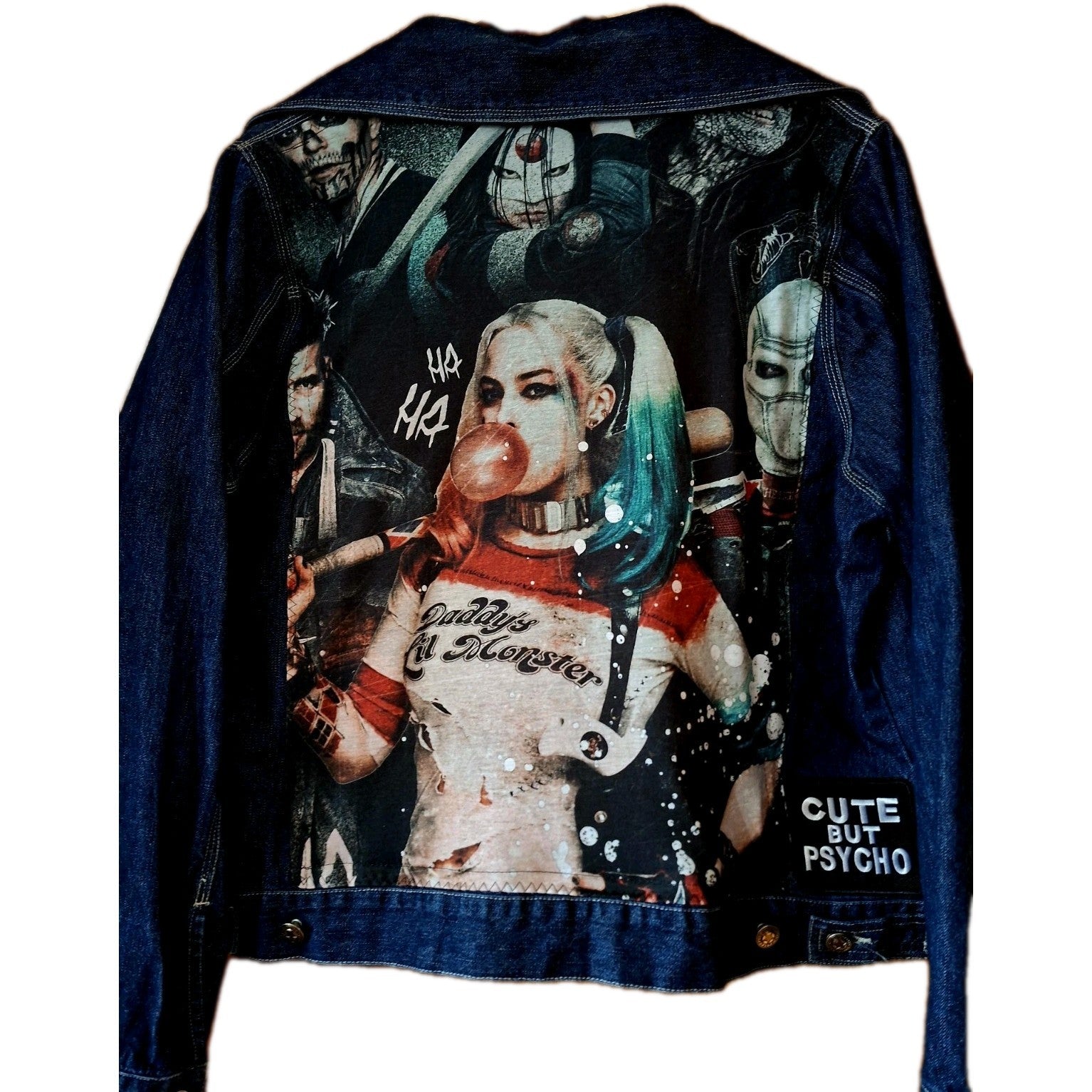 Reworked denim jacket with Harley Quinn on back Size 18 Festival
