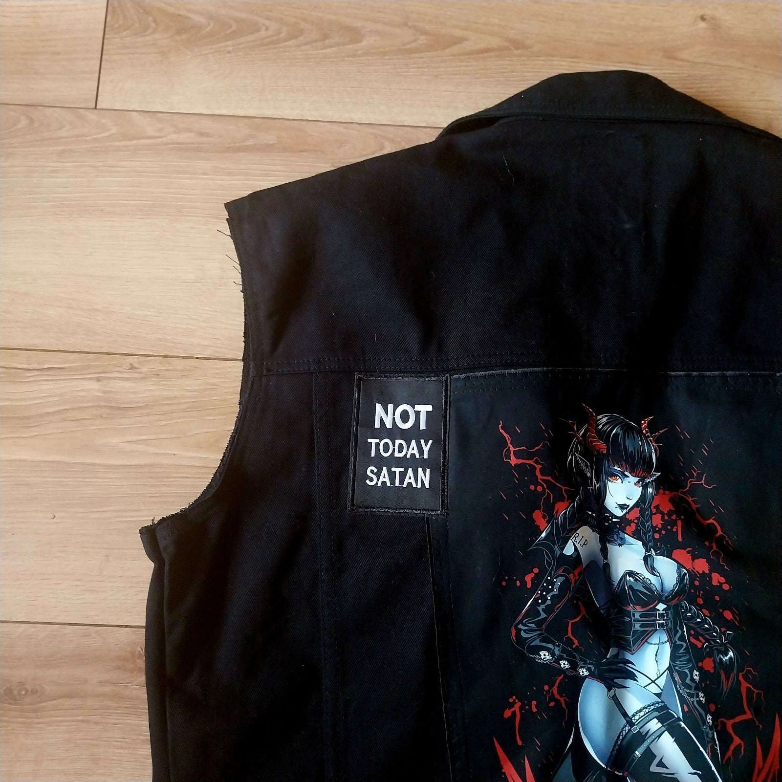 Reworked black denim jacket with Gothic Demon  Pixie on back Size XL