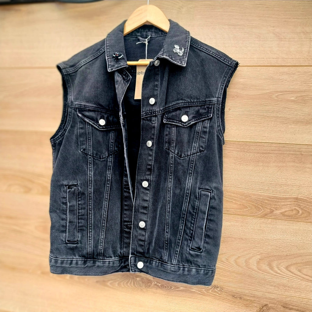 Reworked black denim jacket with Gothic Demon  Pixie on back Size 10 Oversized